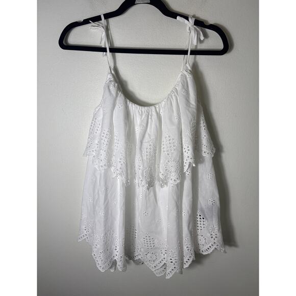 Stella Nora White Eyelet Spaghetti Strap Ruffle Cotton Top Sz 38 - Picture 1 of 3